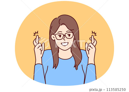 Girl student crosses fingers worried before important exam at college and hoping for good luck Girl student crosses fingers worried before important exam at college and hoping for good luck 113585250