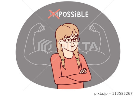 Proud little girl stands with arms crossed near inscription impossible is possible on blackboard Proud little girl stands with arms crossed near inscription impossible is possible on blackboard 113585267