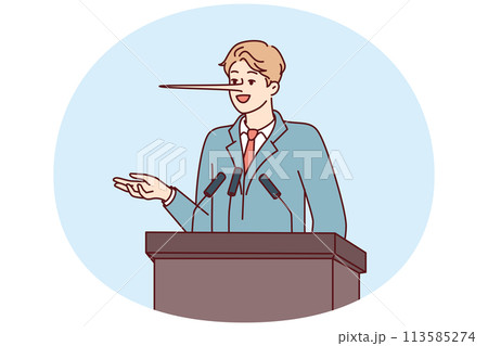 Dishonest man politician with long nose stands behind podium during election campaign 113585274