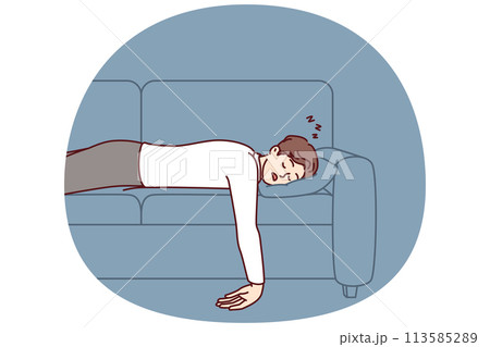 Exhausted man fell asleep lying on comfortable sofa with no energy after hard day at work 113585289