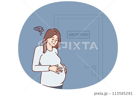 Upset pregnant woman near door with abortion sign after making difficult decision 113585291
