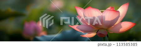 Pink lotus flower with a stem, with light and dark pink gradients	 113585385