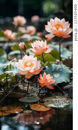 Pink lotus flower with a stem, with light and dark pink gradients Pink lotus flower with a stem, with light and dark pink gradients 113585409