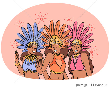 Women in colorful costumes dance on carnival 113585496