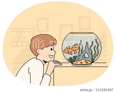 Smiling child look at goldfish in tank 113585497
