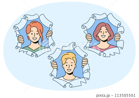 Smiling people look out of paper holes Smiling people look out of paper holes 113585501