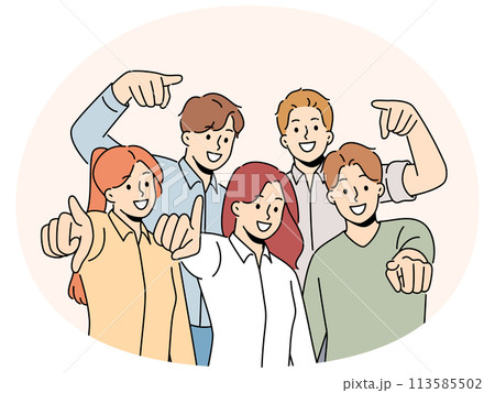 Group of smiling people point at screen Group of smiling people point at screen 113585502