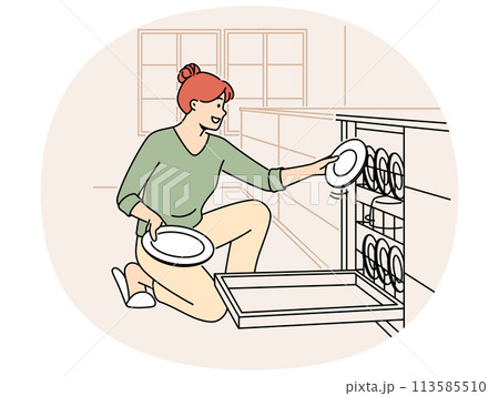 Smiling woman unloading dishwasher 113585510
