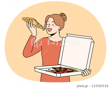 Happy woman eating pizza from box 113585519