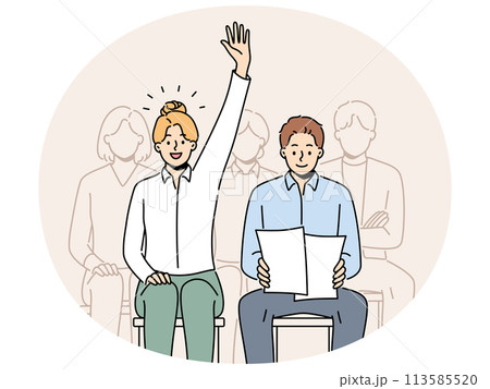 Woman raise hand volunteer at team meeting 113585520