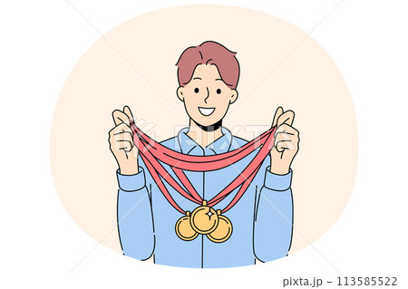 Smiling sportsman with golden medals 113585522