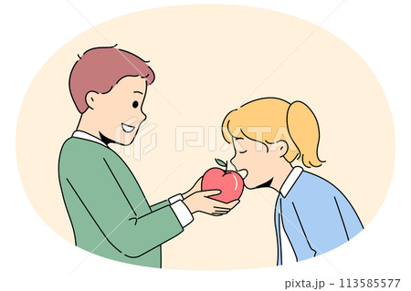 Smiling children share apple Smiling children share apple 113585577