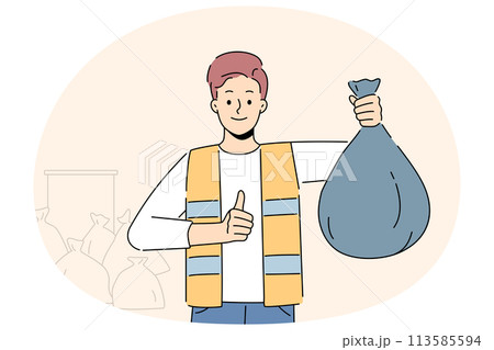 Man collector with plastic bag with waste Man collector with plastic bag with waste 113585594