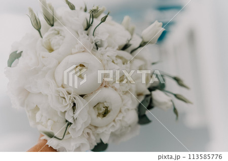 A bouquet of white flowers is being held by a person. The flowers are arranged in a way that they are not too close to each other, giving the impression of a beautiful and elegant arrangement. 113585776