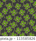 Line art clover four green leaf seamless pattern on black background. St. Patrick day symbol. Vector illustration 113585826