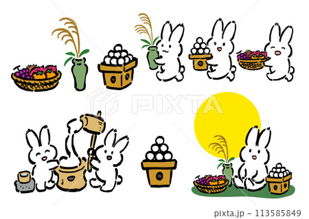 お月見を楽しむうさぎとお供え物のイラストセット 113585849