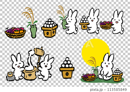 お月見を楽しむうさぎとお供え物のイラストセット 113585849