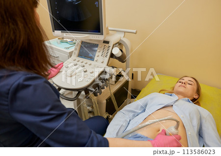 Gynecologist making ultrasonic diagnostic test for patient 113586023