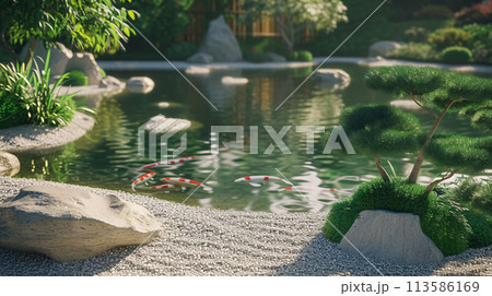 a peaceful scene depicting a traditional Japanese garden with a koi pond, meticulously raked gravel a peaceful scene depicting a traditional Japanese garden with a koi pond, meticulously raked gravel 113586169