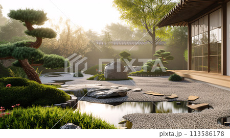 a peaceful scene depicting a traditional Japanese garden with a koi pond, meticulously raked gravel a peaceful scene depicting a traditional Japanese garden with a koi pond, meticulously raked gravel 113586178