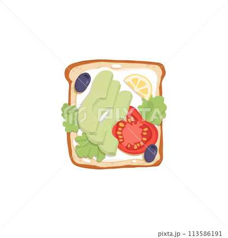 Vegetable toast on grilled bread slice. Open sandwich with fresh cherry tomatoes, basil leaves, mashed avocado and sesame seeds. Vegan snack food. Flat vector illustration isolated on white 113586191