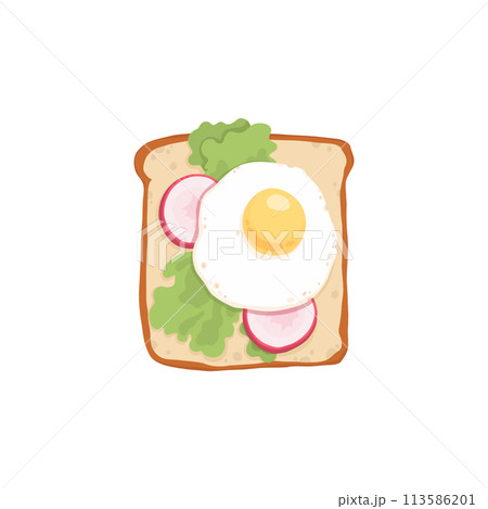 Toast with fried eggs, rucola and cream cheese on grilled bread. Sandwich with slices of fresh ingredients. Vegetarian snack. Breakfast food. Flat vector illustration isolated on white 113586201