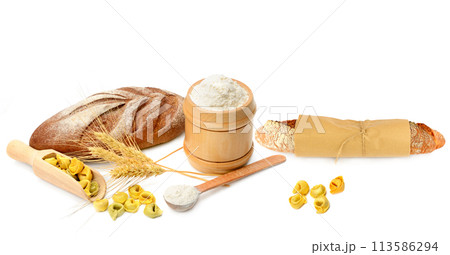 Baguettes, wheat flour and ravioli isolated on a white. There is free space for text. Collage. Wide photo. 113586294