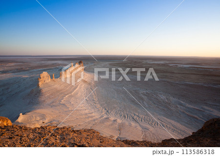 Stunning Mangystau landscape, Kazakhstan. Ak Orpa pinnacles view, Bozzhira valley Stunning Mangystau landscape, Kazakhstan. Ak Orpa pinnacles view, Bozzhira valley 113586318