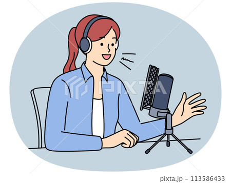 Female host in headset speak in microphone 113586433