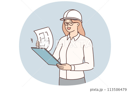 Female engineer with blueprint at site Female engineer with blueprint at site 113586479