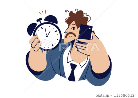 Man boss with alarm clock in hand calls subordinates reminding them that deadline 113586512