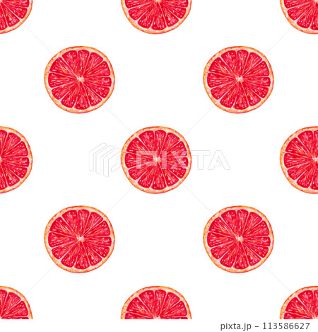 Seamless pattern of grapefruit slices. Illustration with watercolors and markers. Red citrus fruit pieces. Hand drawn isolated art.Ecological useful product background for fabric and kitchen textiles. 113586627