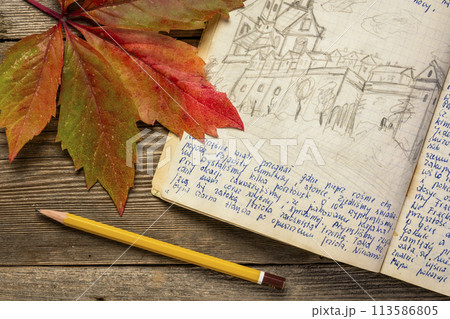 Vintage expedition journal on a rustic picnic table with a colorful leaf. Travel log from paddling trip across Poland in 1974 - handwriting and drawing in pencil. 113586805