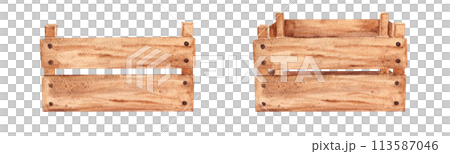 Wooden box. Side view with and without perspective. Hand drawn vintage illustration. Wooden box. Side view with and without perspective. Hand drawn vintage illustration. 113587046