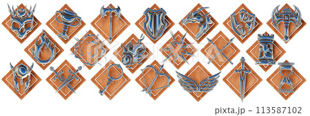 Fantasy game badge set, 3D UI RPG icon kit, wood shield, chrome metal warrior medieval weapon asset Fantasy game badge set, 3D UI RPG icon kit, wood shield, chrome metal warrior medieval weapon asset 113587102