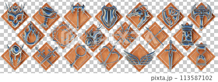 Fantasy game badge set, 3D UI RPG icon kit, wood shield, chrome metal warrior medieval weapon asset 113587102