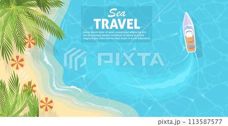 Sea travel on boat at tropical resort advertisement 113587577