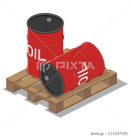 isometric red metal oil barrels on pallet isolated on white background vector flat illustration 113587593