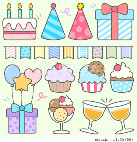 Kids hand drawn kawaii birthday party cute elements set vector illustration Kids hand drawn kawaii birthday party cute elements set vector illustration 113587687