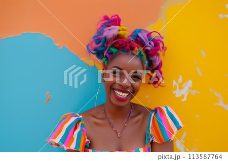 Joyful woman against a colorful abstract backdrop 113587764