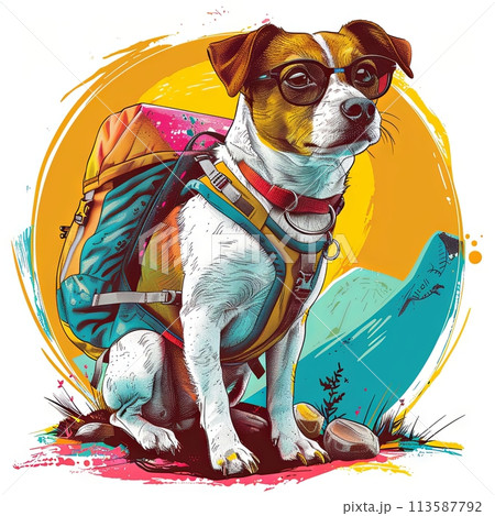 Illustration in cartoon style with Jack Russel terrier, dog with backpack on colorful nature background. Hiking, mountaineering activity 113587792