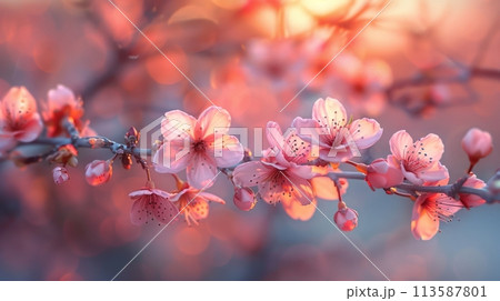 Branch with cherry blossom, blooming, with soft petals. Springtime beauty of nature 113587801