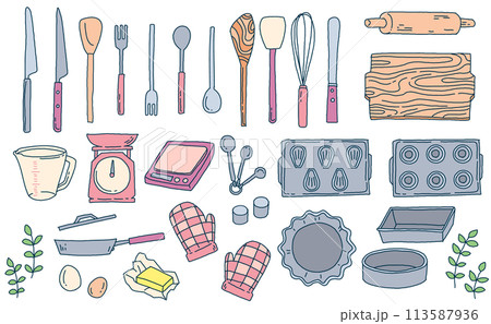 キッチン道具の手描きイラストセット キッチン道具の手描きイラストセット 113587936