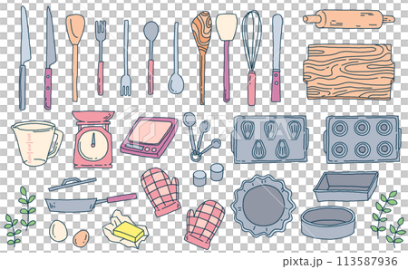 Kitchen utensils hand drawn illustration set 113587936