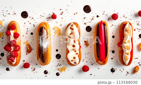 Different types of eclairs topped with nuts, berries and chocolate on a white background 113588030