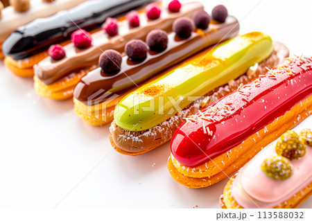 Different types of eclairs topped with nuts, berries and chocolate on a white background 113588032