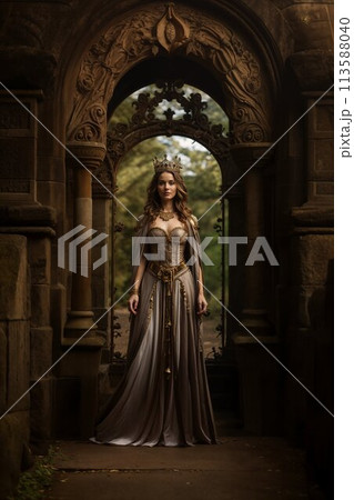 Queen in vintage gown standing in archway 113588040