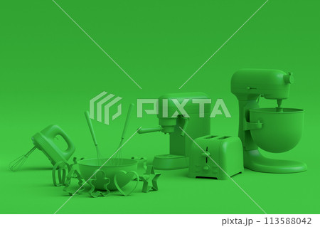 Electric kitchen appliances and utensils for making culinary on green monochrome 113588042