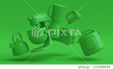 Electric kitchen appliances and utensils for making culinary on green monochrome 113588044