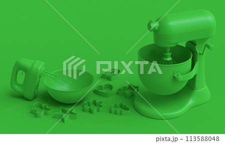 Mixer and cookie cutters with kitchen utensil for making cookies on monochrome Mixer and cookie cutters with kitchen utensil for making cookies on monochrome 113588048